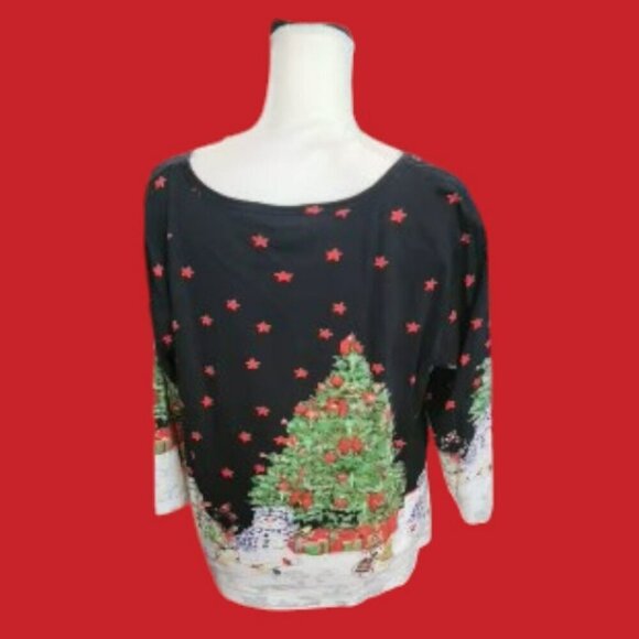 Collections ETC Long Sleeve Red Christmas Snowman Tree Pullover Top in Size L - Picture 2 of 4